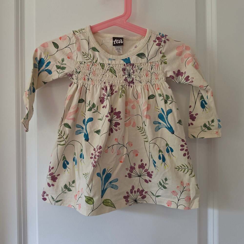 Tea Collection Baby Girl 9-12M Floral Smocked Cotton Long Sleeve Dress Botanical